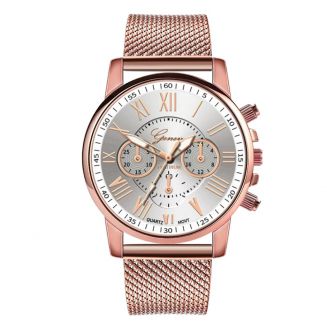 Fako® - Horloge - Geneva - Roman - Mesh Look Rosé - Ø 40mm - Wit
