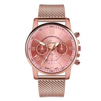 Fako® - Horloge - Geneva - Roman - Mesh Look Rosé - Ø 40mm - Roze