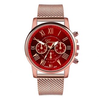 Fako® - Horloge - Geneva - Roman - Mesh Look Rosé - Ø 40mm - Rood