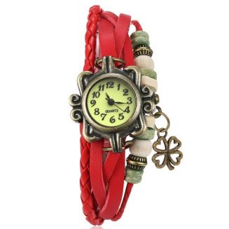 Fako® - Armband Horloge - Klavertje Vier - Rood
