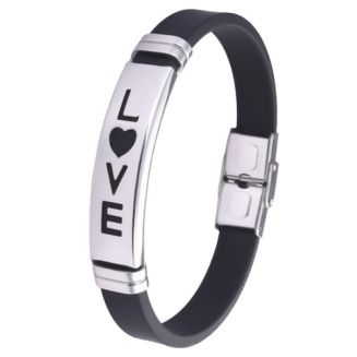 Fako Bijoux® - Armband - RVS Siliconen - 20cm - LOVE - Zwart