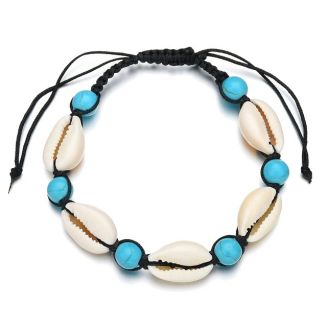 Fako Bijoux® - Armband - Schelpjes - Turquoise - Nylon - Zwart