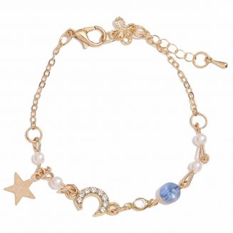 Fako Bijoux® - Dames Armband Ster & Maan - 18cm - Cadeau - Verjaardag - Vrouw - Goudkleurig – Blauw