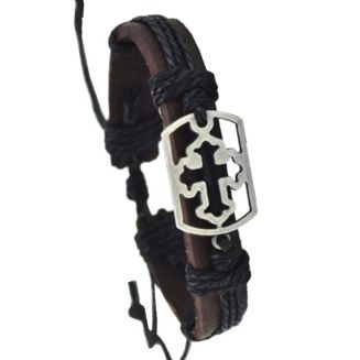 Fako Bijoux® - Armband - Leder - Kruis Open Rechthoek - Zwart