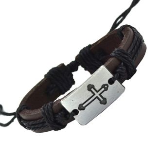 Fako Bijoux® - Armband - Leder - Kruis - Zwart