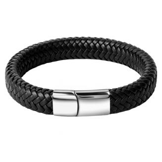 Fako Bijoux® - Armband Leer - Gevlochten - Vlecht - Layer Armband - Magnetische Sluiting - 21cm - Zwart/Zilver