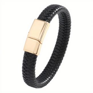 Fako Bijoux® - Armband Leer - Gevlochten - Vlecht - Layer Armband - Magnetische Sluiting - 21cm - Zwart/Goud