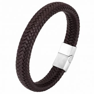 Fako Bijoux® - Armband Leer - Gevlochten - Vlecht - Layer Armband - Magnetische Sluiting - 21cm - Bruin/Zilver