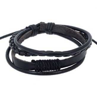 Fako Bijoux® - Armband - Leder - Strings - Zwart