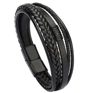 Fako Bijoux® - Armband Heren - Zwart 5 Snoeren - Mannen - 21cm - Leer - Magnetische Sluiting - Zwart