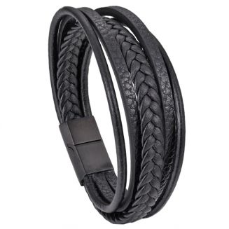 Fako Bijoux® - Armband Heren - Zwart 5 Snoeren Combo - Mannen - 21cm - Leer - Magnetische Sluiting - Zwart