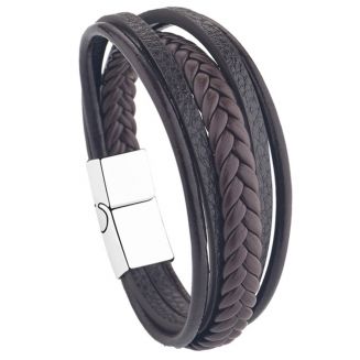 Fako Bijoux® - Armband Heren - Bruin 5 Snoeren Combo - Mannen - 21cm - Leer - Magnetische Sluiting - Bruin/Zilver