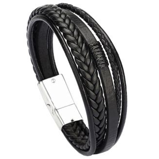 Fako Bijoux® - Armband Heren - Zwart 5 Snoeren - Mannen - 21cm - Leer - Magnetische Sluiting - Zilver - Zwart