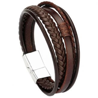 Fako Bijoux® - Armband Heren - Bruin 5 Snoeren - Mannen - 20.5cm - Leer - Magnetische Sluiting - Zilver - Bruin