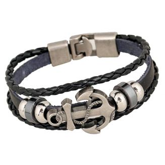 Fako Bijoux® - Armband - Leder Exclusive - Anker - 20cm - Zwart