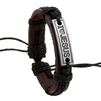 Fako Bijoux® - Armband - Leder - I Love Jesus Smal - Bruin/Zwart
