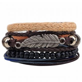 Fako Bijoux® - Armband - Leder - Set Vintage - Veer Touw