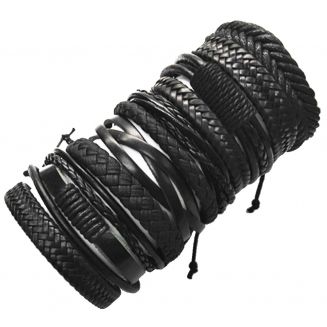 Fako Bijoux® - Armband - Leder - Set Deluxe - 10 Stuks - Zwart