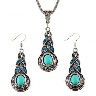 Fako Bijoux® - Sieradenset - Tibetaanse Stijl - Zilverkleurig - Pendule - Turquoise