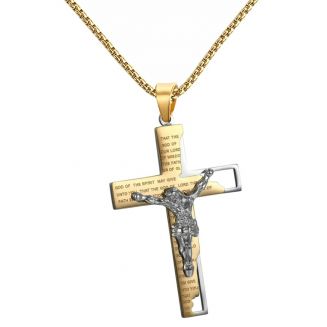 Fako Bijoux® - Cubaans Kruis Jesus Voor Mannen - Ketting Met Kruis - Heren Ketting - Holy Cross - 38x59mm - 60cm - 2mm - Stainless Steel - RVS - Staal - Goudkleurig