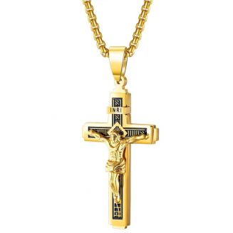 Fako Bijoux® - Cubaans Kruis Jesus Voor Mannen - HD Ketting Met Kruis - Heren Ketting - Holy Cross - 29x55mm - 55cm - 3mm - Stainless Steel - RVS - Staal - Goudkleurig