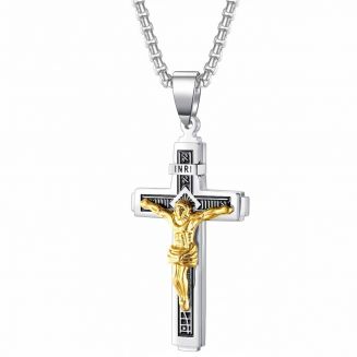 Fako Bijoux® - Cubaans Kruis Jesus Voor Mannen - HD Ketting Met Kruis - Heren Ketting - Holy Cross - 29x55mm - 55cm - 3mm - Stainless Steel - RVS - Staal - Zilver/Goud