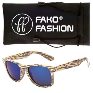 Fako Fashion® - Zonnebril - Houtlook - Beige/Blauw Spiegel