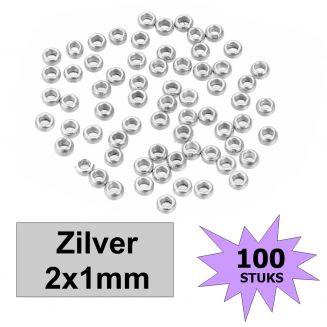Fako Bijoux® - Knijpkralen - Crimp Beads - Metaal - 2x1mm - 100 Stuks - Zilverkleurig