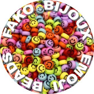 Fako Bijoux® - Smiley Kralen 100 Stuks - Emoji Kralen - 7mm - Regenboog Kleuren - Kunststof - Mix - 100 Stuks - Inclusief Elastisch Koord