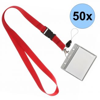 Fako Bijoux® - Keycord + Badgehouder Plastic XL - Sleutelkoord - Badgehouder - 51cm - 20mm - Rood - 50 Stuks