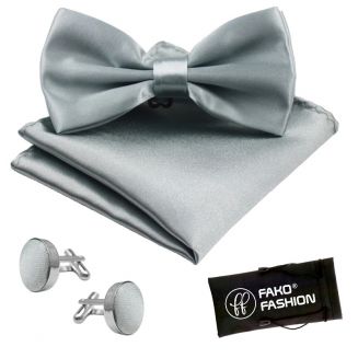 Fako Fashion® - Vlinderstrik, Pochette & Manchetknopen - Vlinderdas - Strikje - Pochet - Zilver
