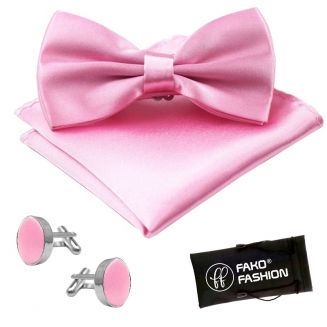 Fako Fashion® - Vlinderstrik, Pochette & Manchetknopen - Vlinderdas - Strikje - Pochet - Roze