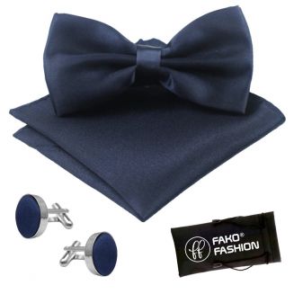 Fako Fashion® - Vlinderstrik, Pochette & Manchetknopen - Vlinderdas - Strikje - Pochet - Navy Blauw