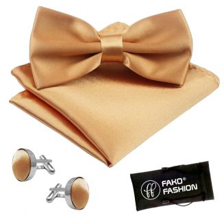 Fako Fashion® - Vlinderstrik, Pochette & Manchetknopen - Vlinderdas - Strikje - Pochet - Lichtgoud