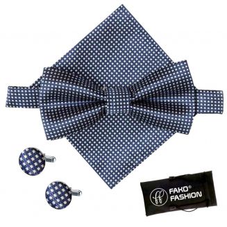 Fako Fashion® - Vlinderstrik, Pochette & Manchetknopen Blok - Vlinderdas - Strikje - Pochet - Geblokt - Navy Blauw