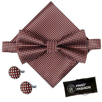 Fako Fashion® - Vlinderstrik, Pochette & Manchetknopen Blok - Vlinderdas - Strikje - Pochet - Geblokt - Bordeaux Rood