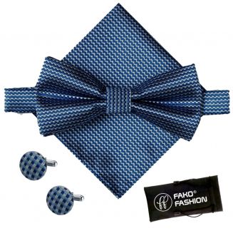 Fako Fashion® - Vlinderstrik, Pochette & Manchetknopen Blok - Vlinderdas - Strikje - Pochet - Geblokt - Royal Blauw