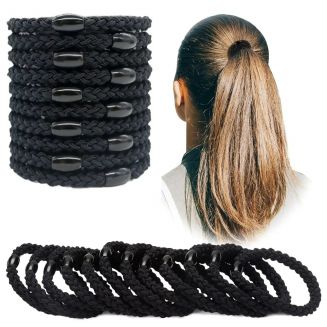 Fako Fashion® - Gevlochten Haarelastiekjes Met Kraal - Dikke Haarelastiekjes Te Dragen Als Armband - 2-in-1 Haar Elastiek - 10 Stuks - Zwart