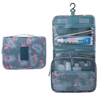 Fako Fashion® - Toilettas Met Haak - Travel Bag - Organizer Voor Toiletartikelen - Reisartikelen - Travel Bag - Ophangbare Toilettas - Flamingo Blauw/Grijs