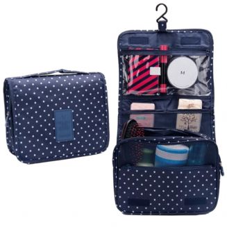 Fako Fashion® - Toilettas Met Haak - Travel Bag - Organizer Voor Toiletartikelen - Reisartikelen - Travel Bag - Ophangbare Toilettas - Stippen Navy Blauw