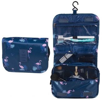 Fako Fashion® - Toilettas Met Haak - Travel Bag - Organizer Voor Toiletartikelen - Reisartikelen - Travel Bag - Ophangbare Toilettas - Flamingo Donkerblauw