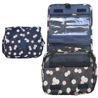 Fako Fashion® - Toilettas Met Haak - Travel Bag - Organizer Voor Toiletartikelen - Reisartikelen - Travel Bag - Ophangbare Toilettas - Bloemen Navy Blauw