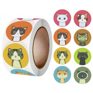 Fako Bijoux® - 500 Stickers Op Rol - 2.5cm - Cartoon Kat - Beloningsstickers - Stickers Kinderen - Sluitsticker - Sluitzegel - 25mm