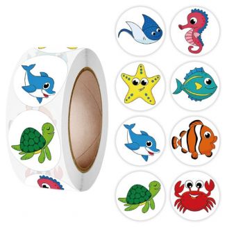 Fako Bijoux® - 500 Stickers Op Rol - 2.5cm - Vissen & Zeedieren - Beloningsstickers - Stickers Kinderen - Sluitsticker - Sluitzegel - 25mm