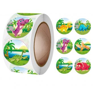 Fako Bijoux® - 500 Stickers Op Rol - 2.5cm - Dinosaurus Cartoon - Beloningsstickers - Stickers Kinderen - Sluitsticker - Sluitzegel - 25mm