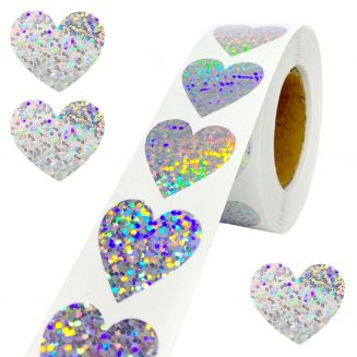 Fako Bijoux® - 500 Stickers Op Rol - 2.5cm - Hart Zilver Glitter - Beloningsstickers - Stickers Kinderen - Sluitsticker - Sluitzegel - 25mm