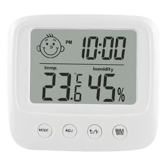Fako Bijoux® - Hygrometer - Weerstation - Luchtvochtigheidsmeter - Thermometer Voor Binnen - Klok - Alarmklok - 86x78x23mm - Incl. Batterijen - Wit