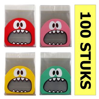 Fako Bijoux® - 100x Monster Uitdeelzakjes - Cellofaan Plastic Traktatie Kado Zakjes - Snoepzakjes - Kinderfeestje - Monster Print - 10x10cm - 4x25 Stuks - Mix - Voorraad