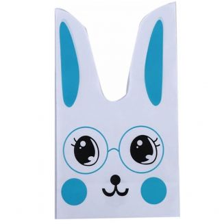 50x Uitdeelzakjes Wit - Blauw Konijn 13 x 22 cm - Plastic Traktatie Kado Zakjes - Snoepzakjes - Koekzakjes - Koekje - Cookie Bags - Pasen - Kinderverjaardag