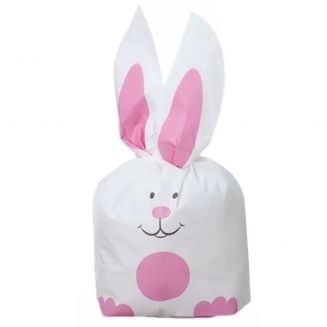 50x Uitdeelzakjes Wit - Roze Konijn 13 x 22 cm - Plastic Traktatie Kado Zakjes - Snoepzakjes - Koekzakjes - Koekje - Cookie Bags - Pasen - Kinderverjaardag - Feestje